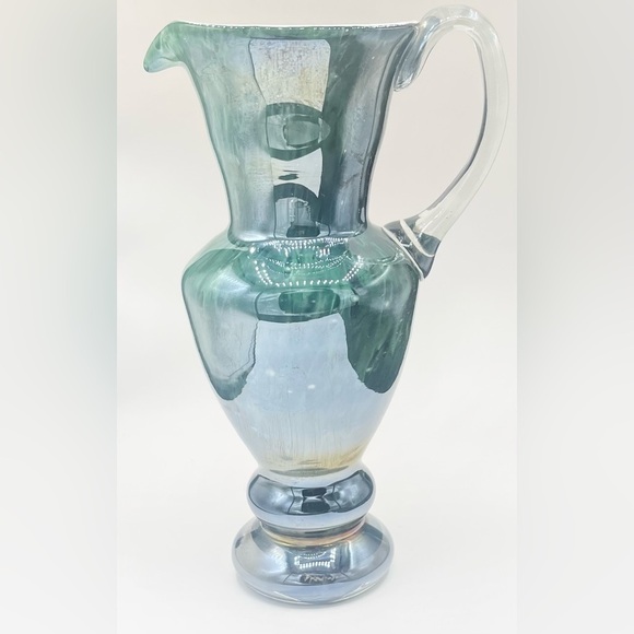 Vintage Studio Art Glass MACOCHA Poland Green Iridescent Pitcher 9.5” Tall - Picture 1 of 6